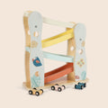 Wooden zig-zag car ramp racer toy with 3 cars by Guanyi Toys