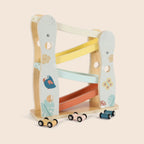 Wooden zig-zag car ramp racer toy with 3 cars by Guanyi Toys