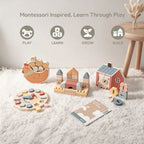 Freniland wooden Montessori toys: chicken, clock, castle, barn, learning blocks