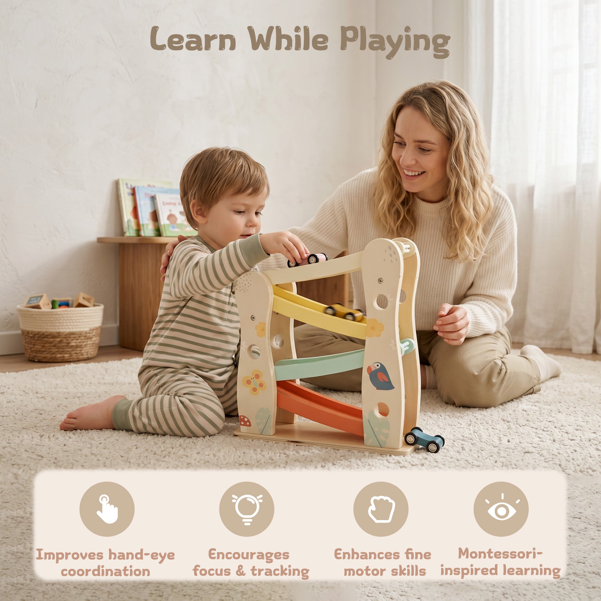 Montessori wooden car race track toy for toddlers by Guanyi Toys