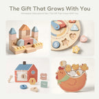 Montessori wooden educational toys: castle blocks, number clock, house toy, chicken with chicks