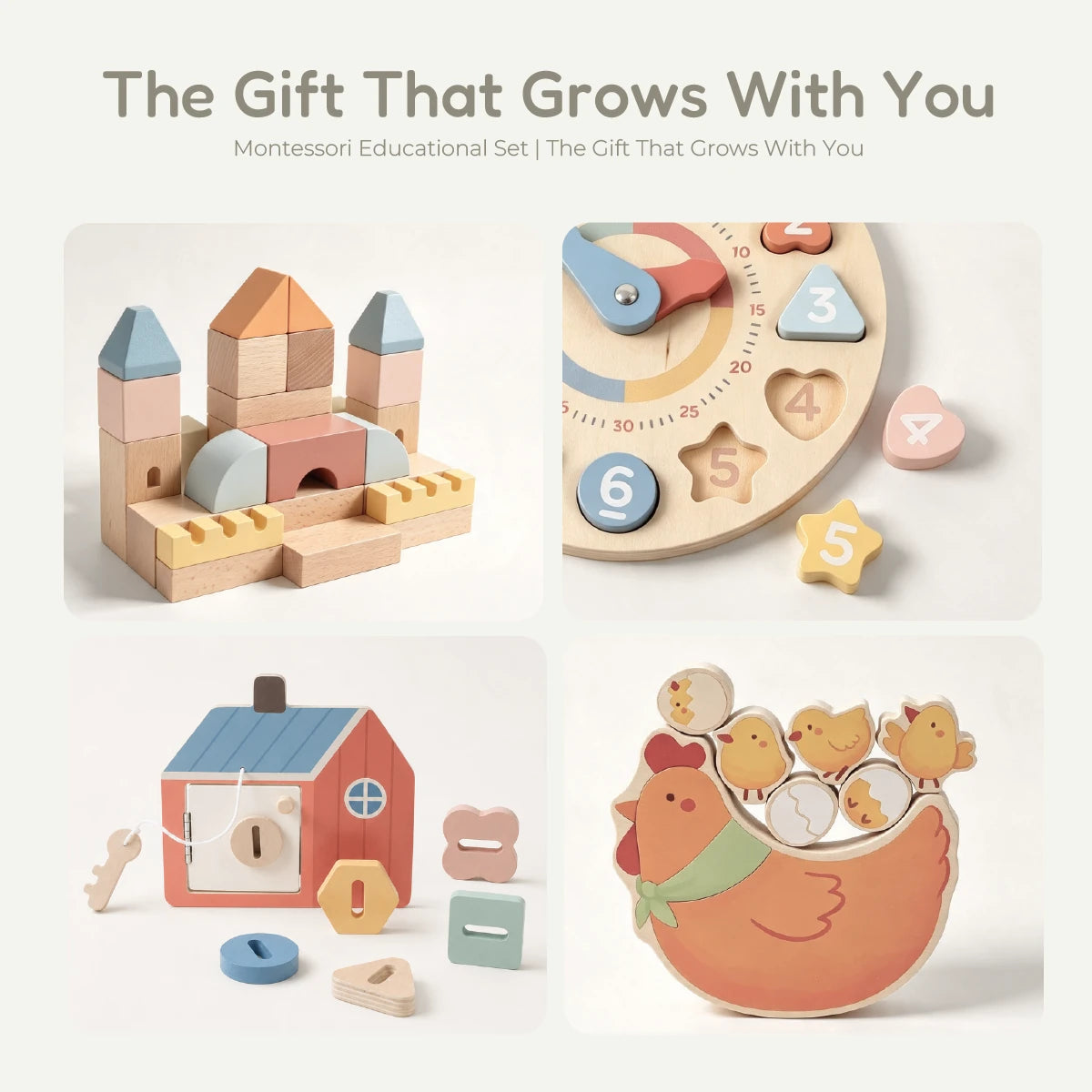 Montessori wooden educational toys: castle blocks, number clock, house toy, chicken with chicks