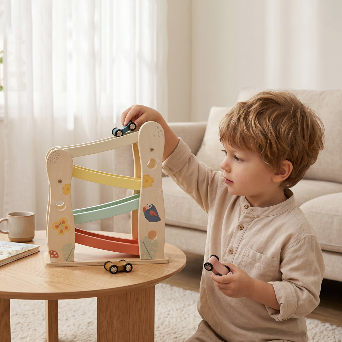 Toddler playing with wooden car ramp toy by Guanyi Toys