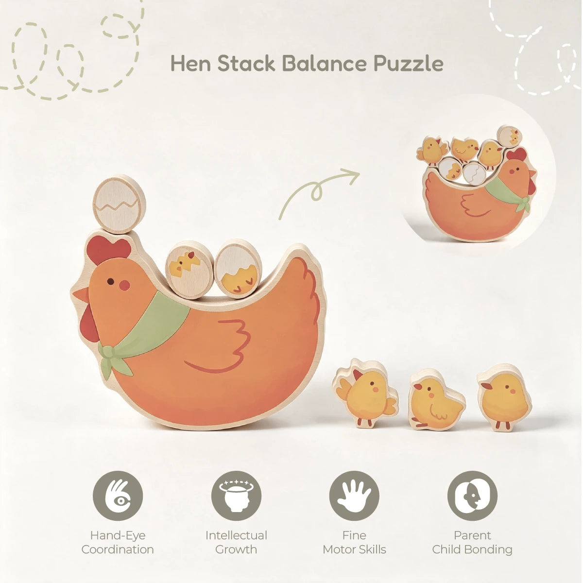 Wooden hen stack balance puzzle with eggs and chicks, showing assembled version.
