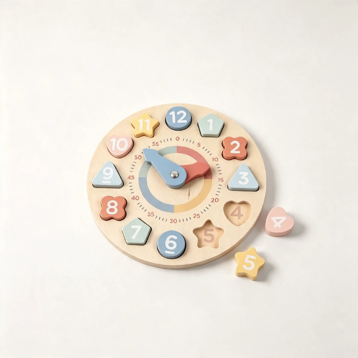 Wooden educational clock toy with colorful numbers and shapes, movable hands.
