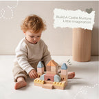 Toddler playing with wooden castle building blocks