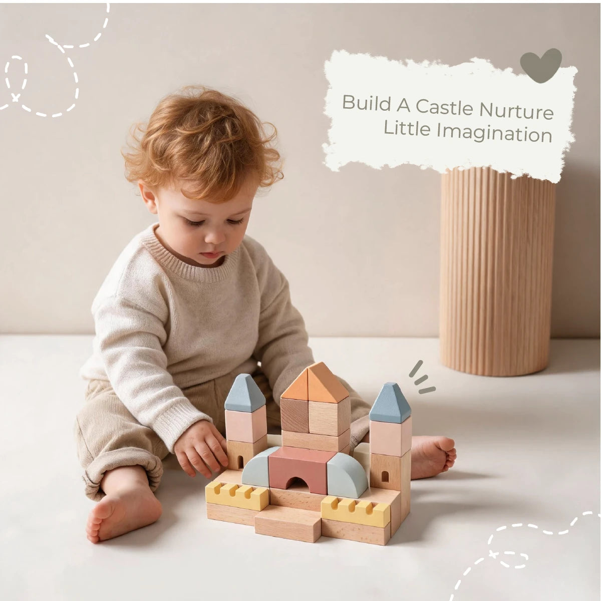 Toddler playing with wooden castle building blocks