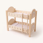 Wooden rainbow doll bunk bed with ladder and star bedding on white background