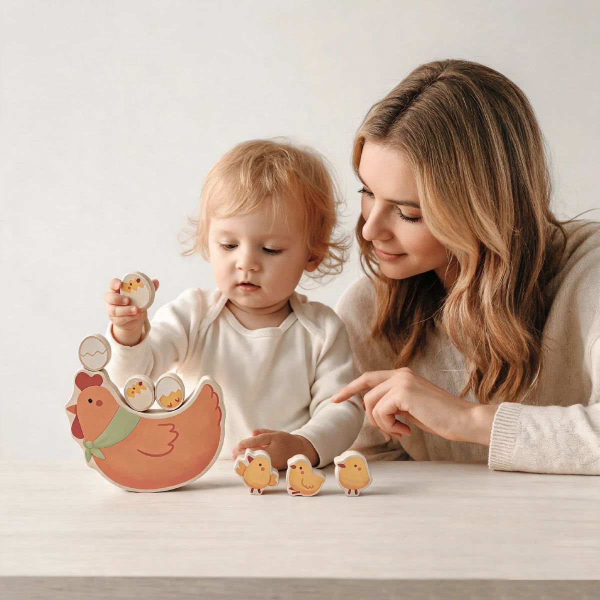 Mother and toddler playing with Freniland wooden chicken educational toy.