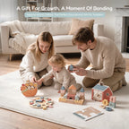 Parents and toddler playing with wooden educational toys on a rug.