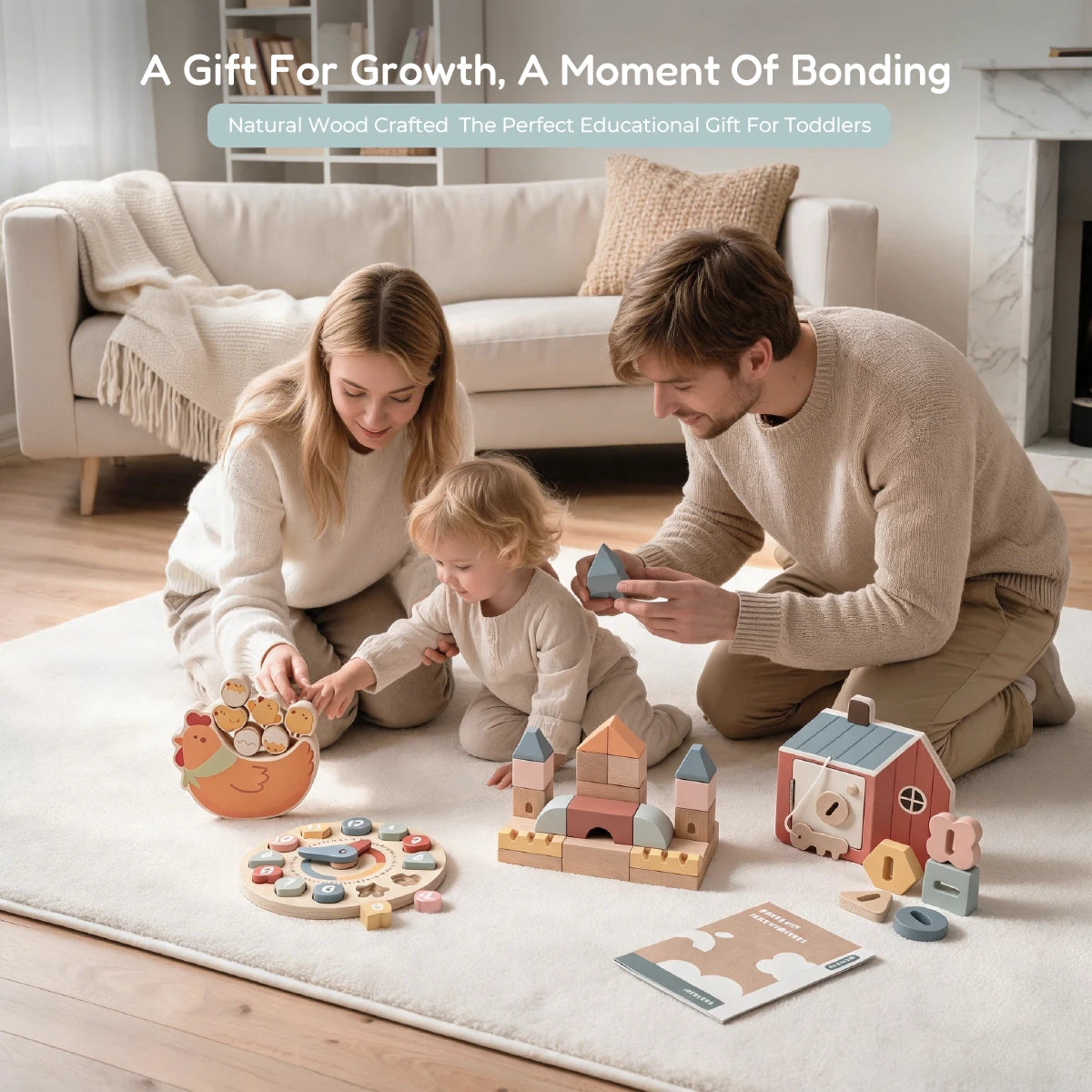 Parents and toddler playing with wooden educational toys on a rug.