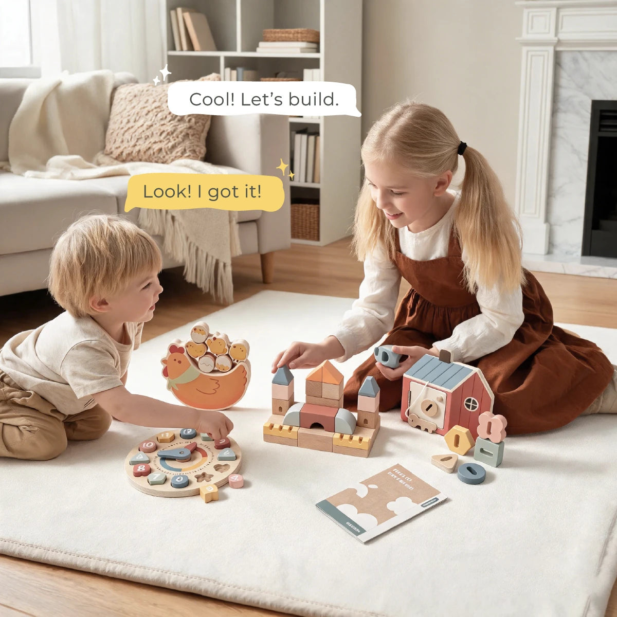 Two kids play with wooden building blocks and a clock puzzle on a rug.