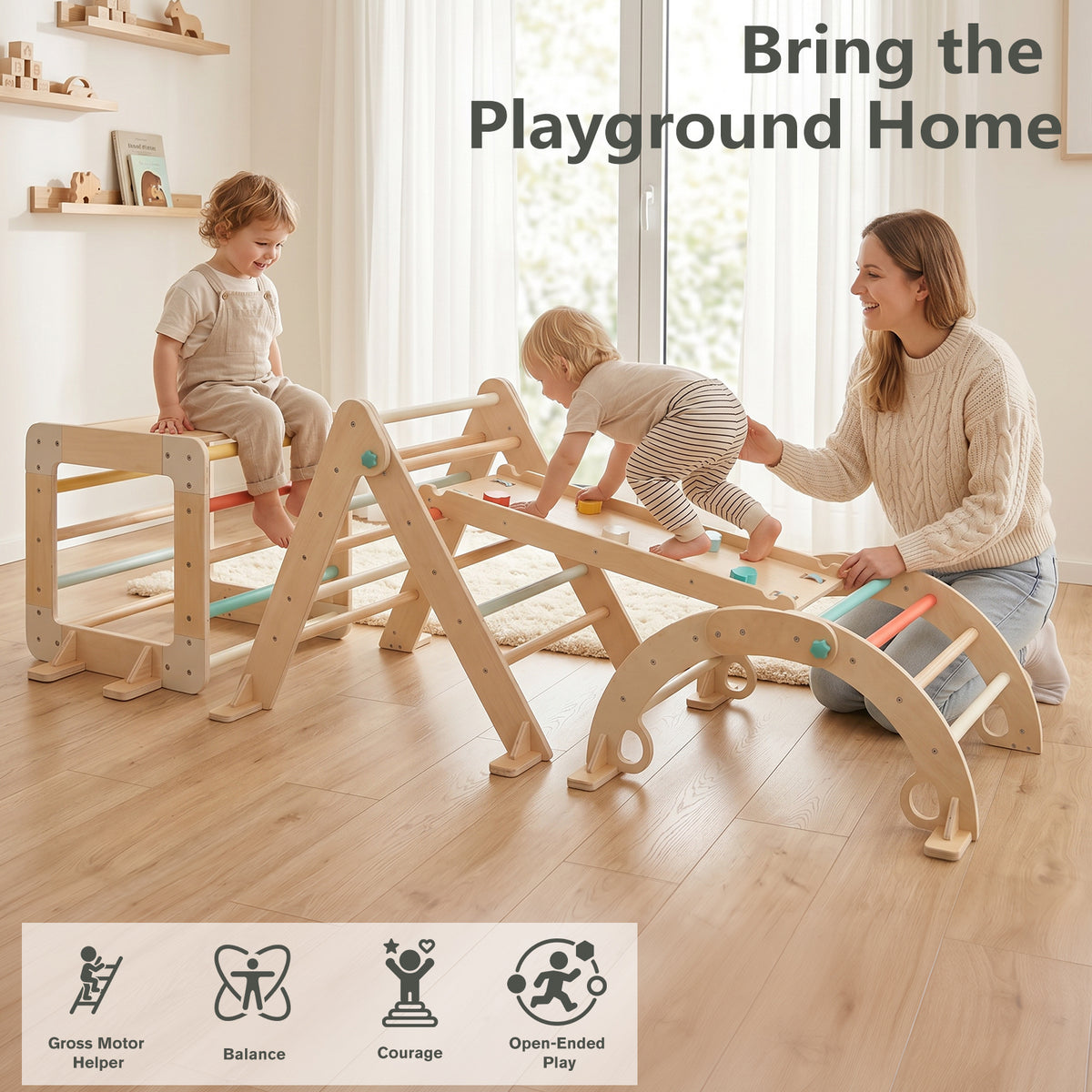 4-in-1 Climbing Station - full setup with two toddlers climbing in living room