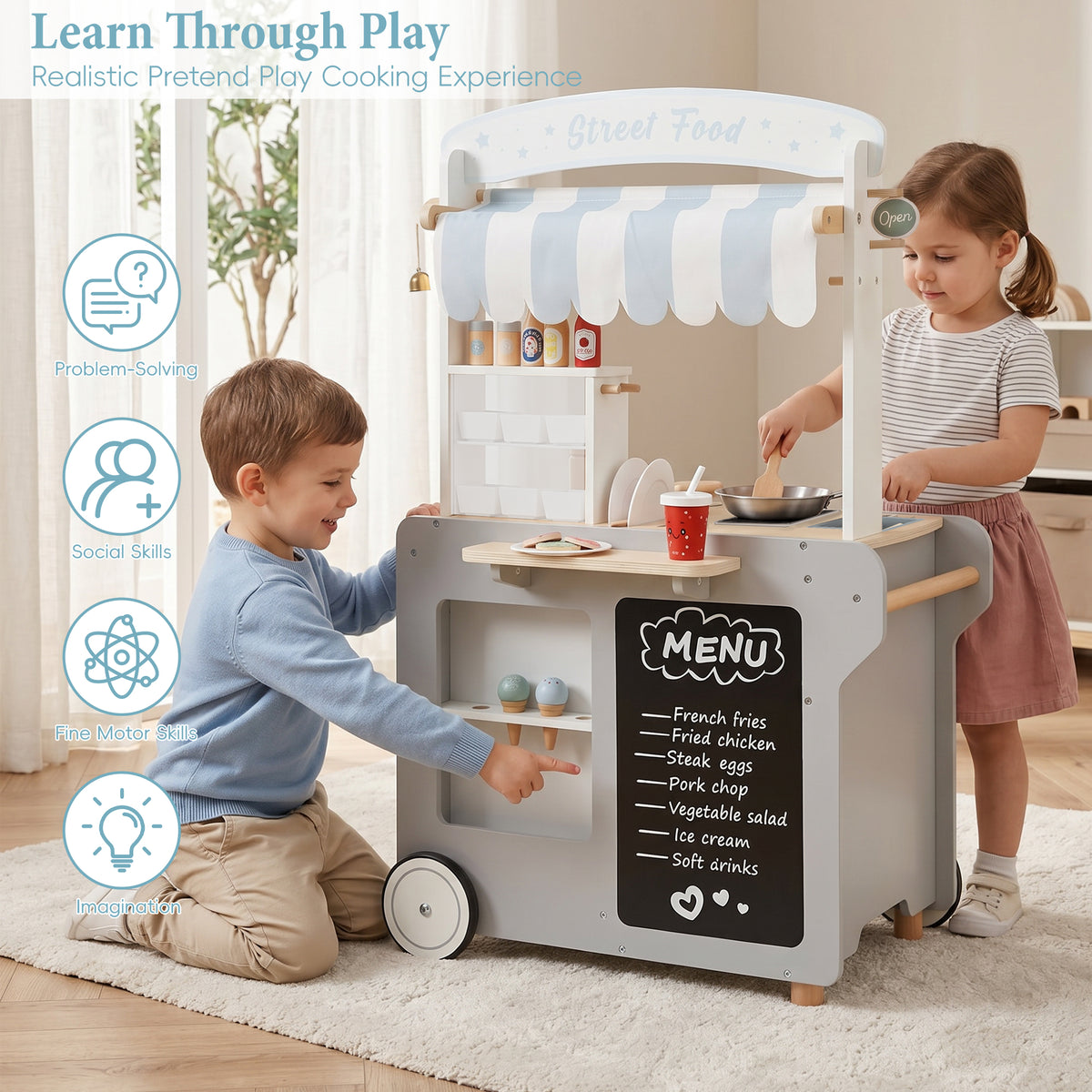 Child playing with wooden train blocks educational toy