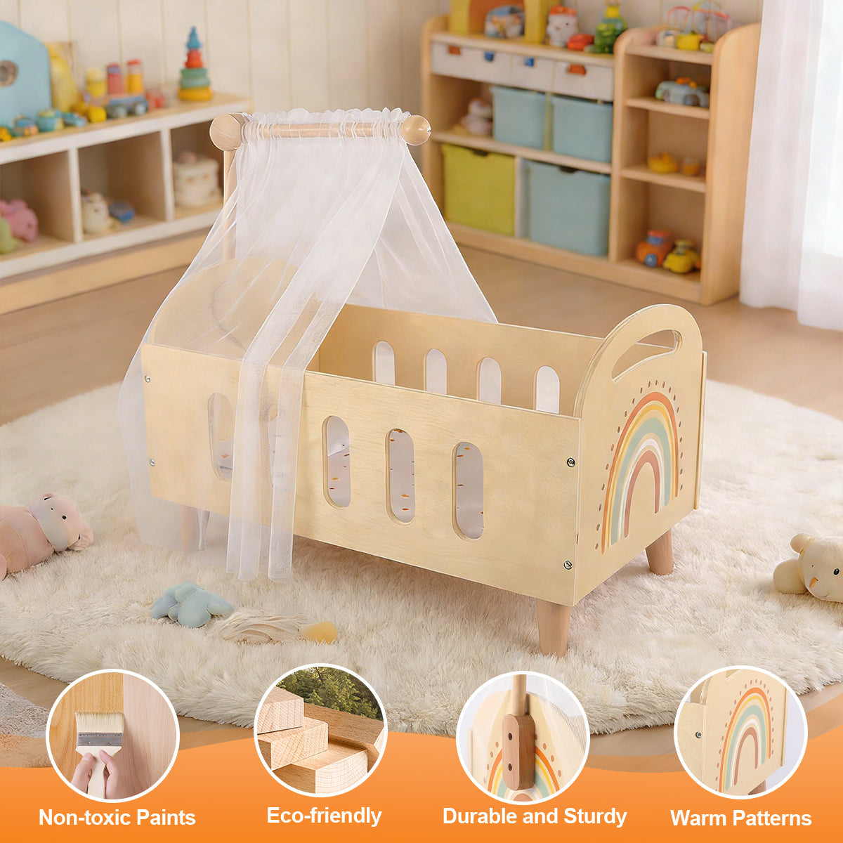 Guanyi Toys Baby Doll Bed with Curtain - Premium Play Set with Curtains Bedding for Kids - product view