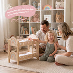 Toddler with wooden toys, highlighting natural solid wood, non-toxic paints, eco-friendly, durable.