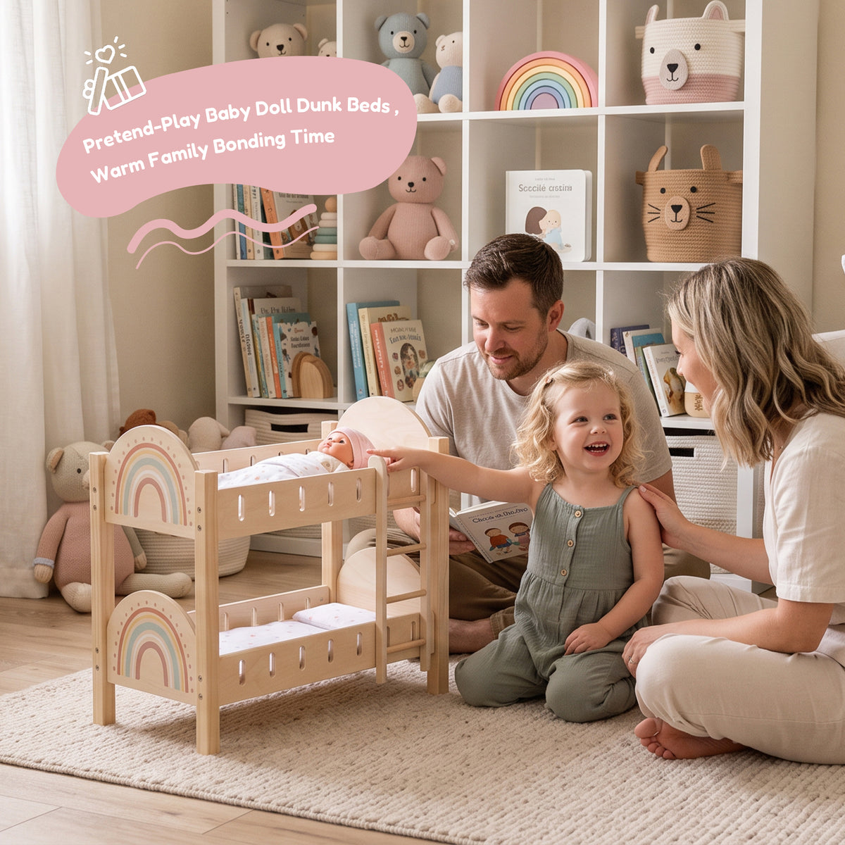 Toddler with wooden toys, highlighting natural solid wood, non-toxic paints, eco-friendly, durable.