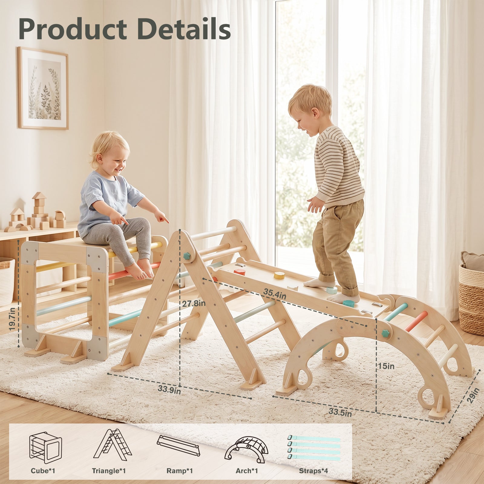 4-in-1 Climbing Station - product dimensions with cube, triangle, ramp and arch
