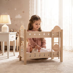 Child plays with colorful wooden train toy, sister writes, parents relax on couch.