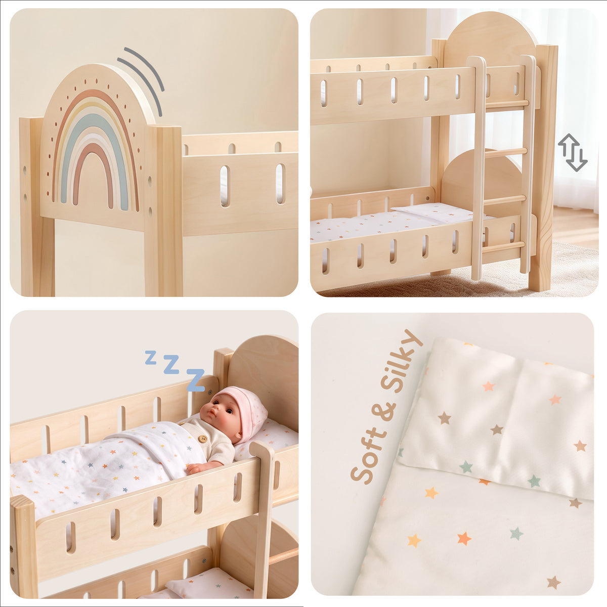 Four-panel collage of a wooden rainbow doll bunk bed: headboard, ladder, sleeping doll and star bedding
