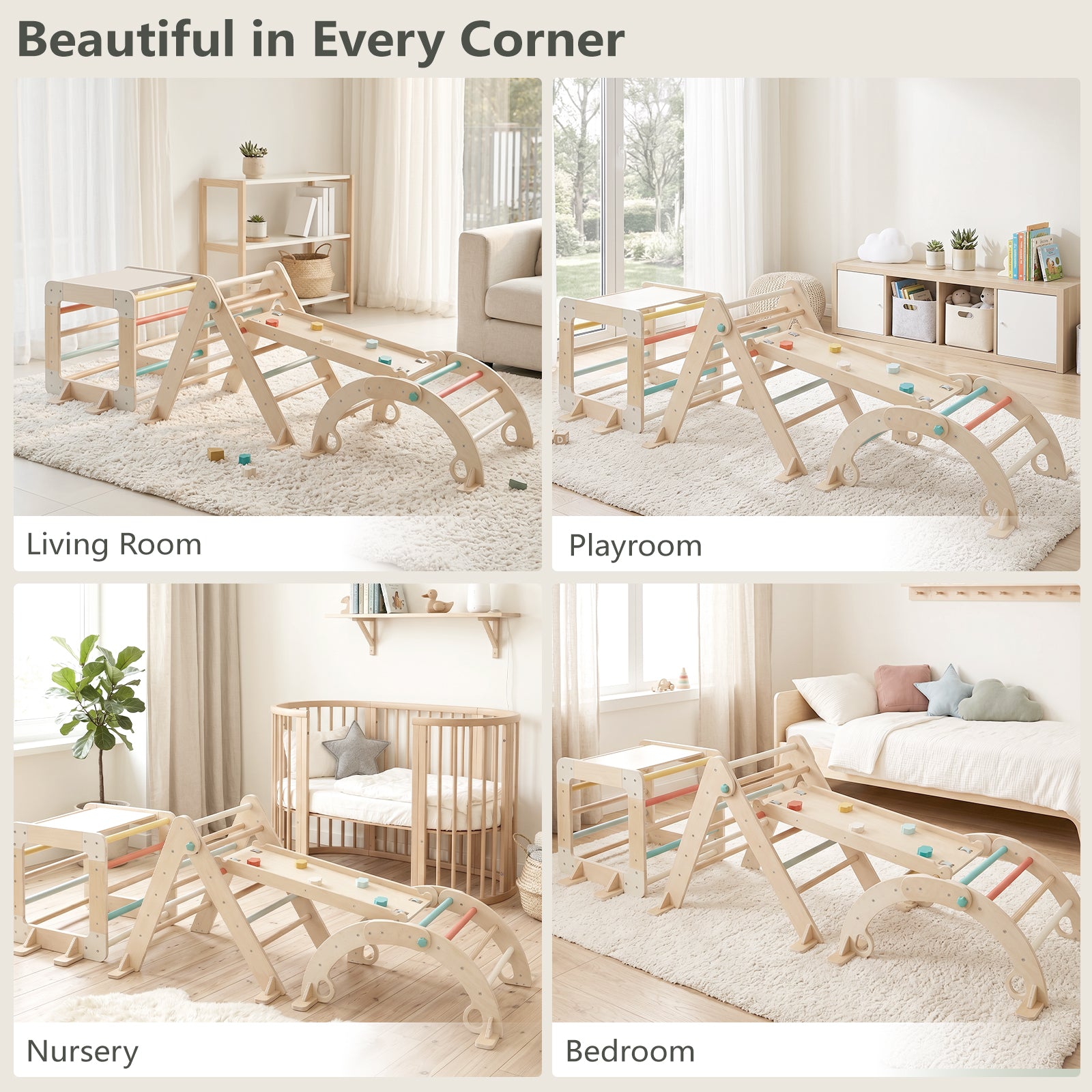 4-in-1 Climbing Station - set styled in nursery, playroom and bedroom corners