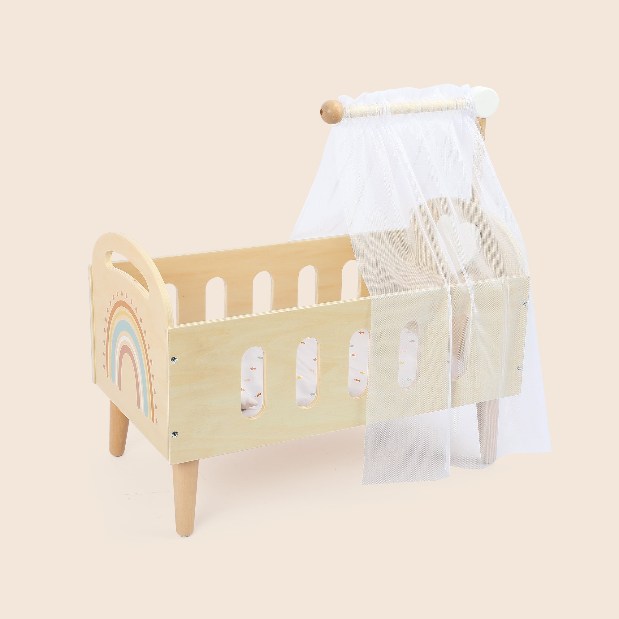 Wooden doll crib with rainbow and canopy by Guanyi Toys
