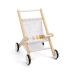 Wooden doll stroller with star print seat and beads by Guanyi Toys