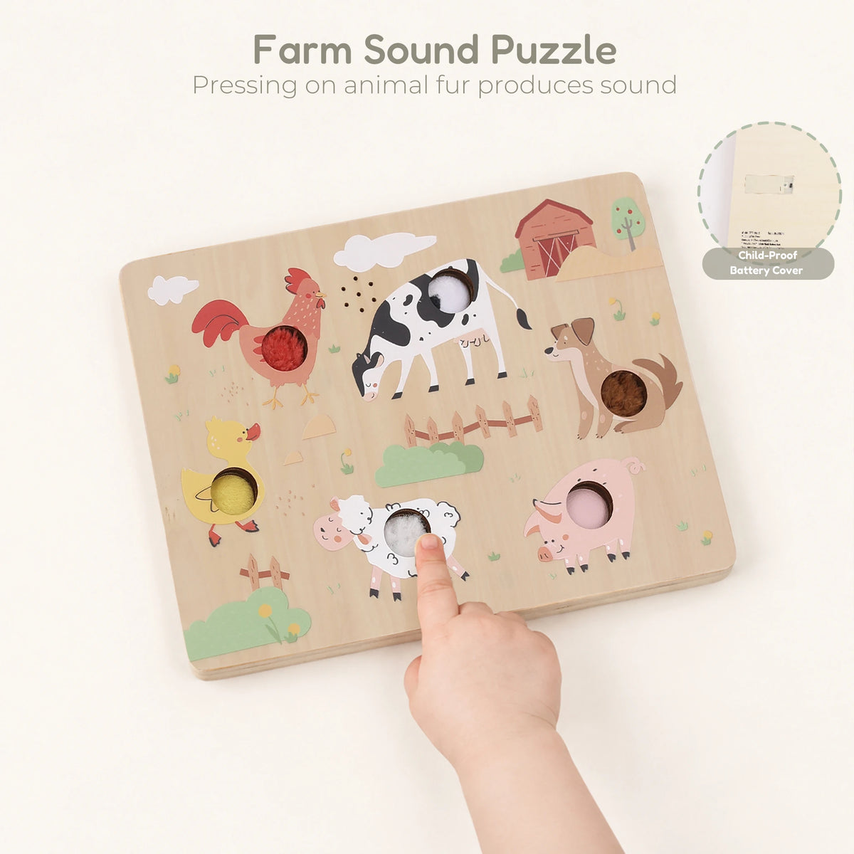 Farm Touch & Sound Wooden Puzzle - press fur for battery cover