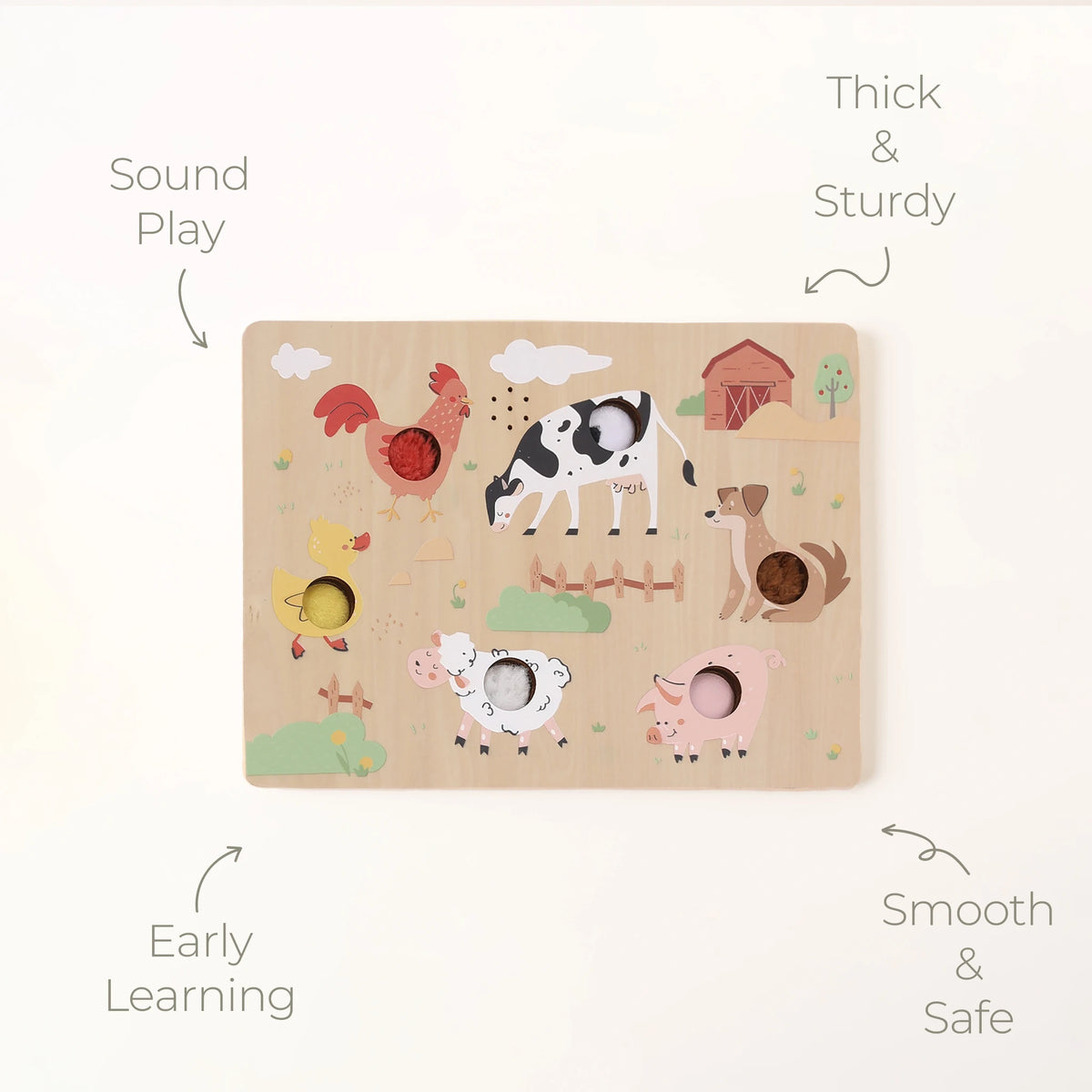 Farm Touch & Sound Wooden Puzzle - feature highlights annotated
