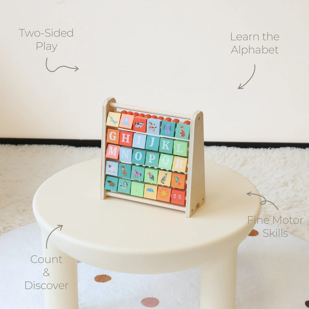 2-in-1 Abacus Stand & Alphabet Abacus - feature highlights two sided play