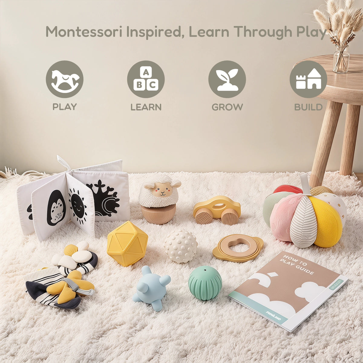 The Smiler Growing Play Box - full set on a fluffy rug with Play, Learn, Grow and Build icons