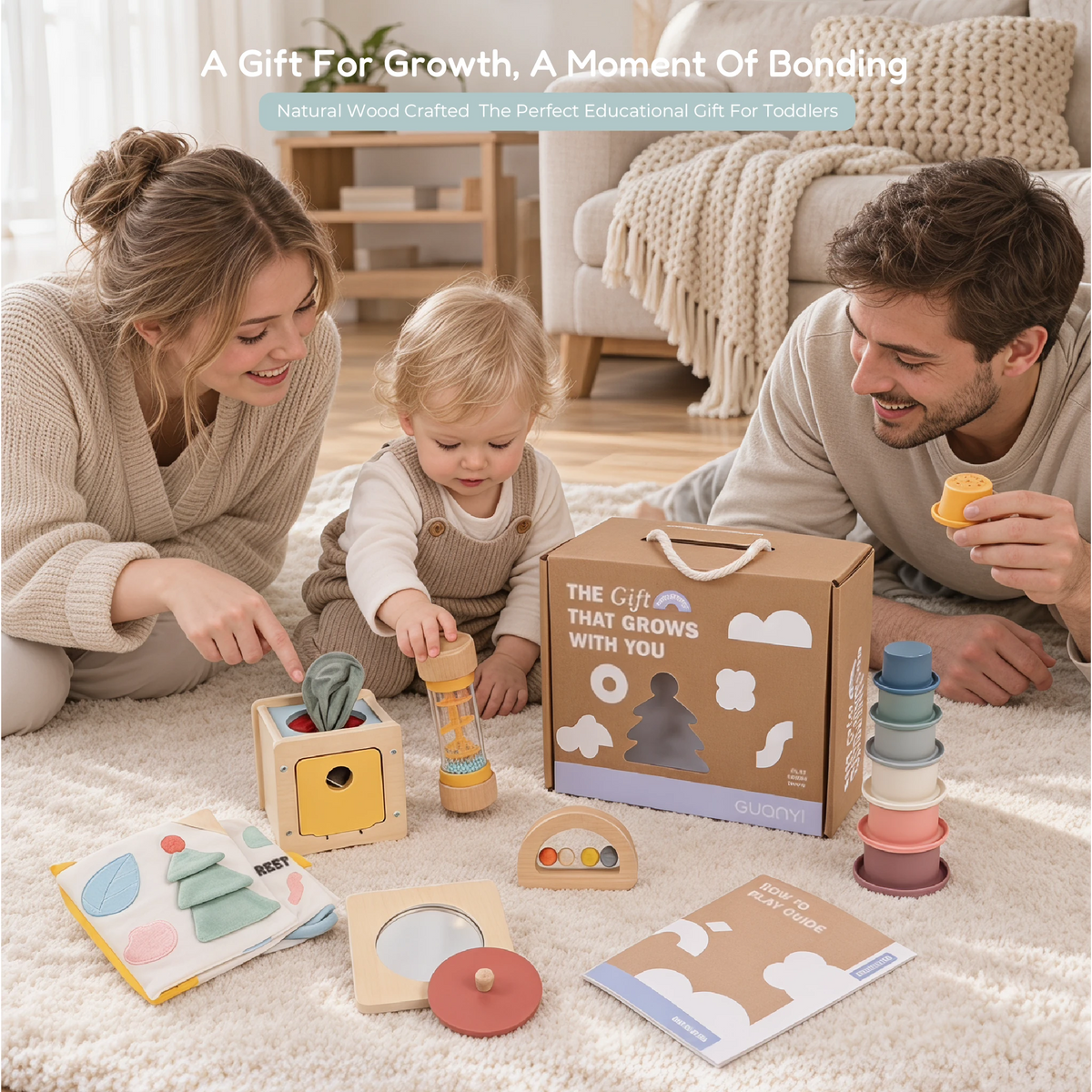 The Discoverer Growing Play Box - family playing with the full six-piece set on a rug