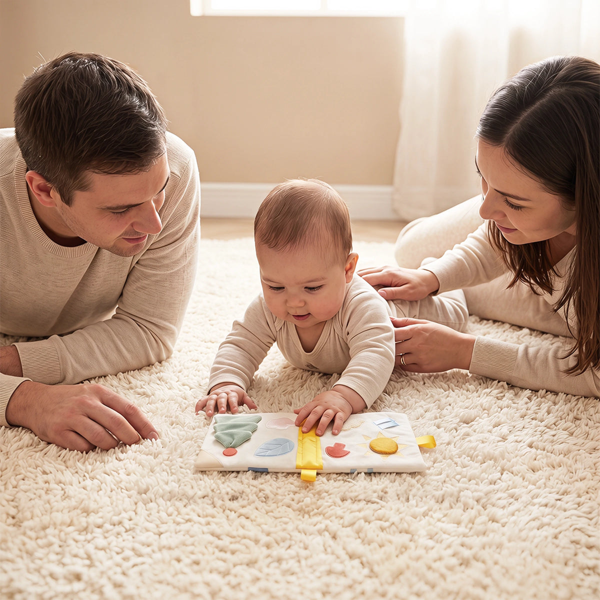 The Discoverer Growing Play Box - baby exploring the cloth book during tummy time
