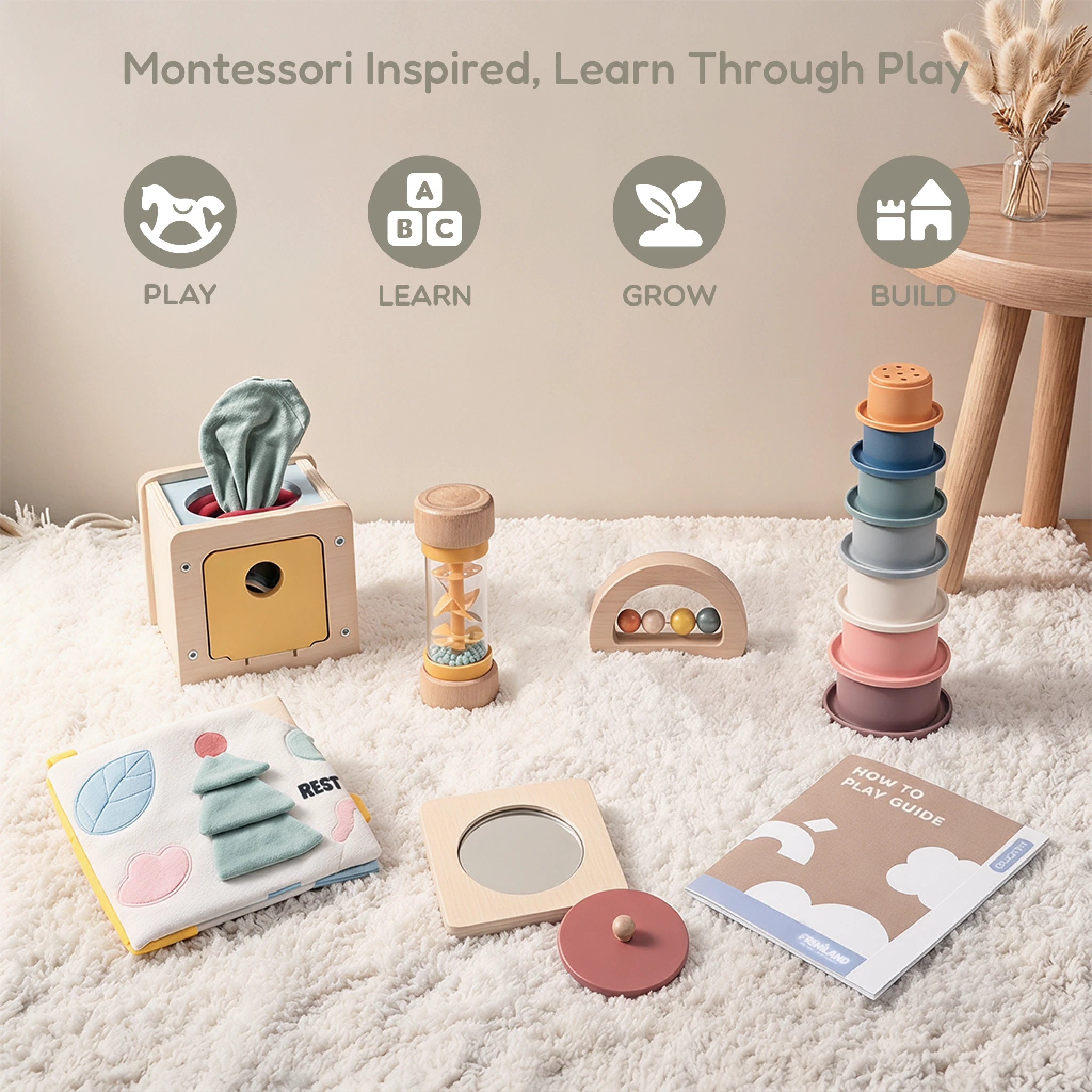 The Discoverer Growing Play Box - full set on a play rug, Montessori inspired learn through play