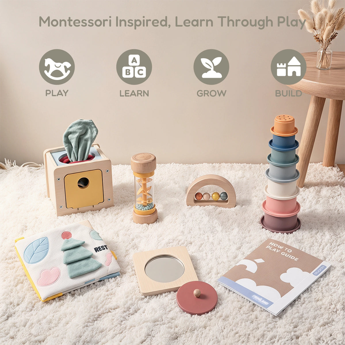 The Discoverer Growing Play Box - full set on a play rug, Montessori inspired learn through play