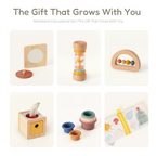 The Discoverer Growing Play Box - six-piece collage: mirror, rainmaker, bead arch, tissue box, stacking cups and cloth book