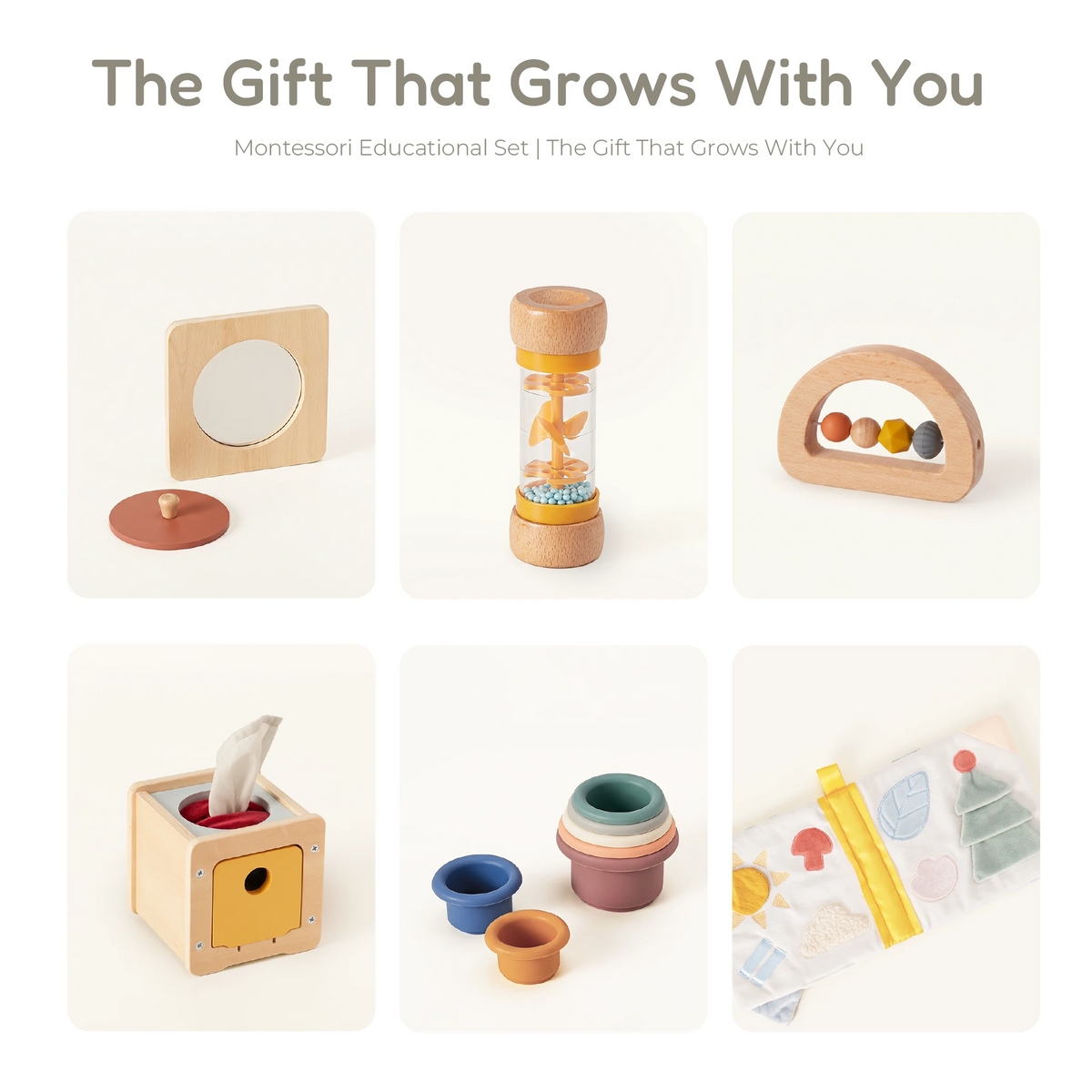 The Discoverer Growing Play Box - six-piece collage: mirror, rainmaker, bead arch, tissue box, stacking cups and cloth book