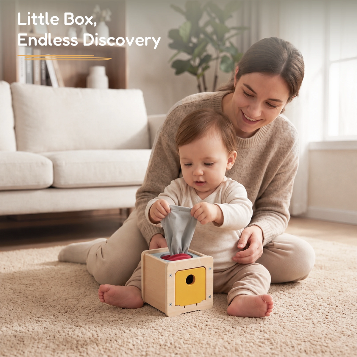 The Discoverer Growing Play Box - mother and baby playing with the tissue box together