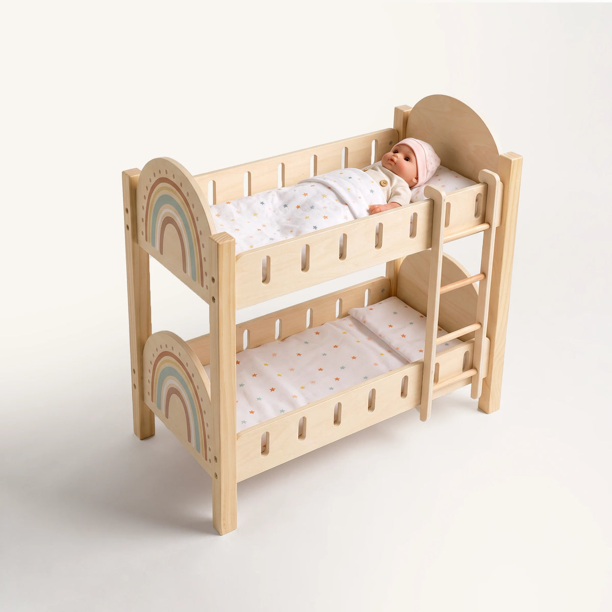 Freniland wooden doll bunk bed with baby doll top bunk