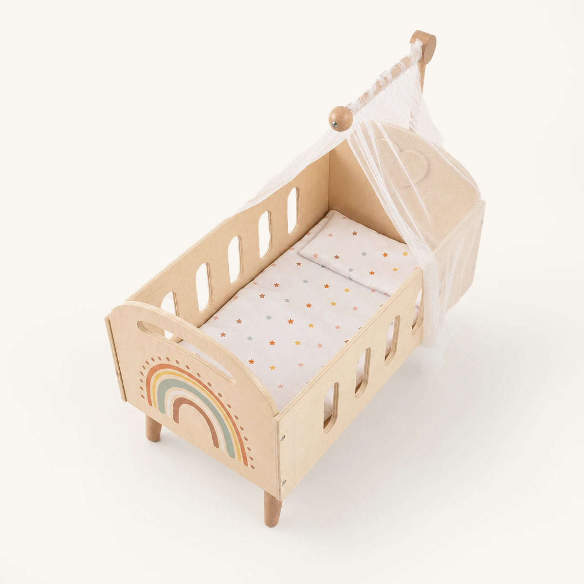 Freniland wooden doll crib with canopy angled view