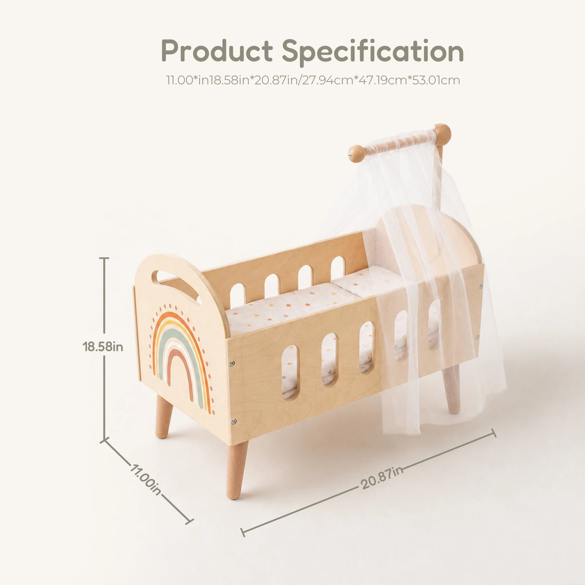 Freniland wooden doll crib with canopy dimensions