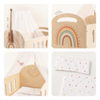 Freniland wooden doll crib with canopy feature collage