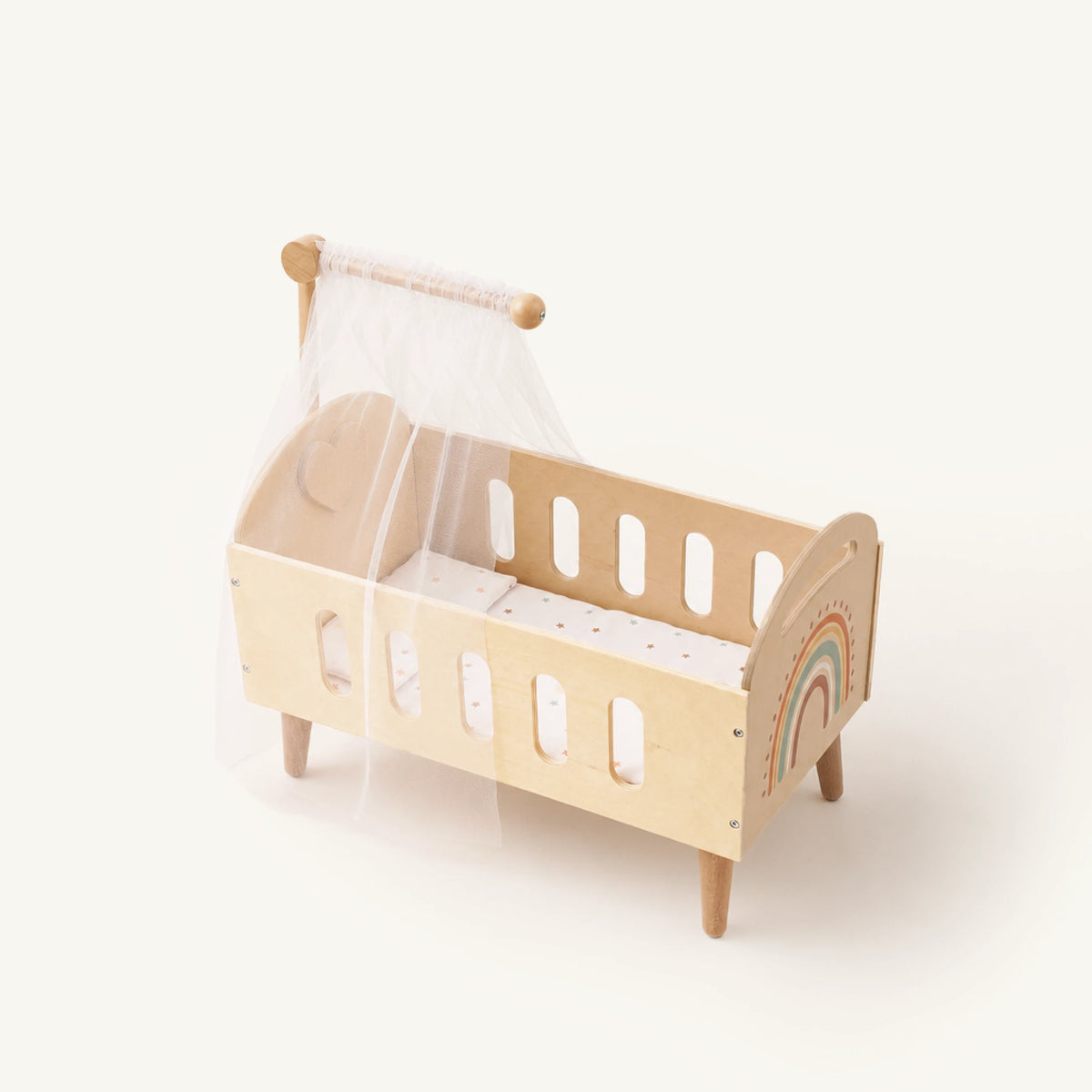 Freniland wooden doll crib with canopy side view