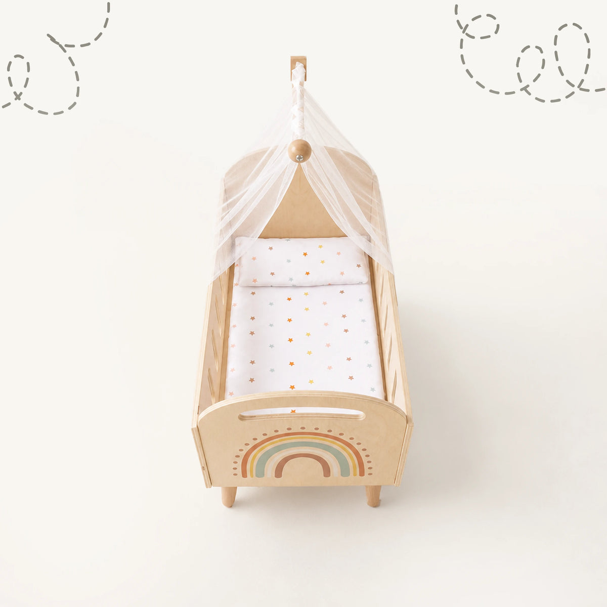 Freniland wooden doll crib with canopy top view