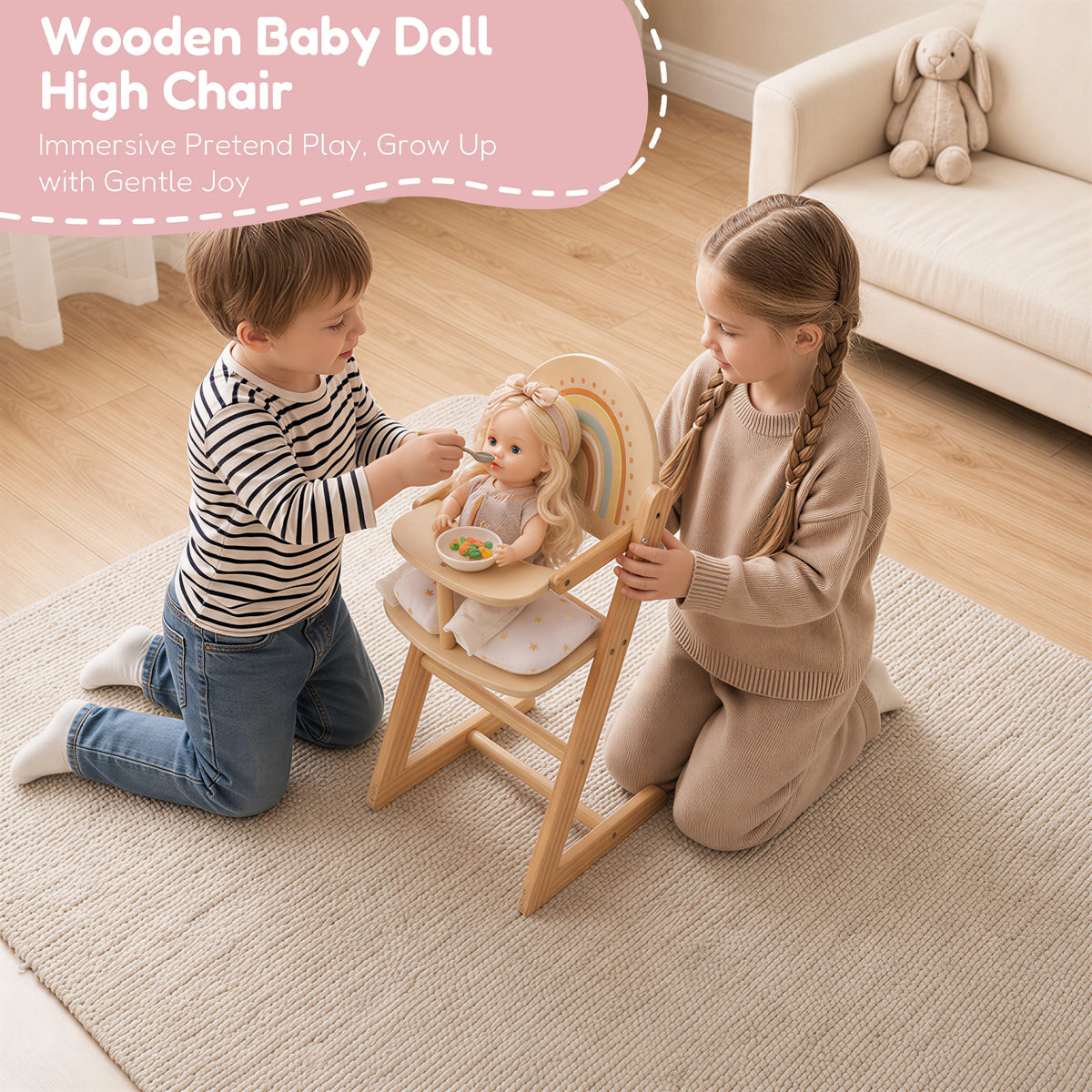 Freniland wooden doll high chair two kids feeding doll