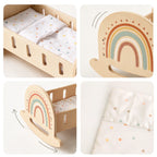Freniland wooden doll rocking cradle rainbow feature collage