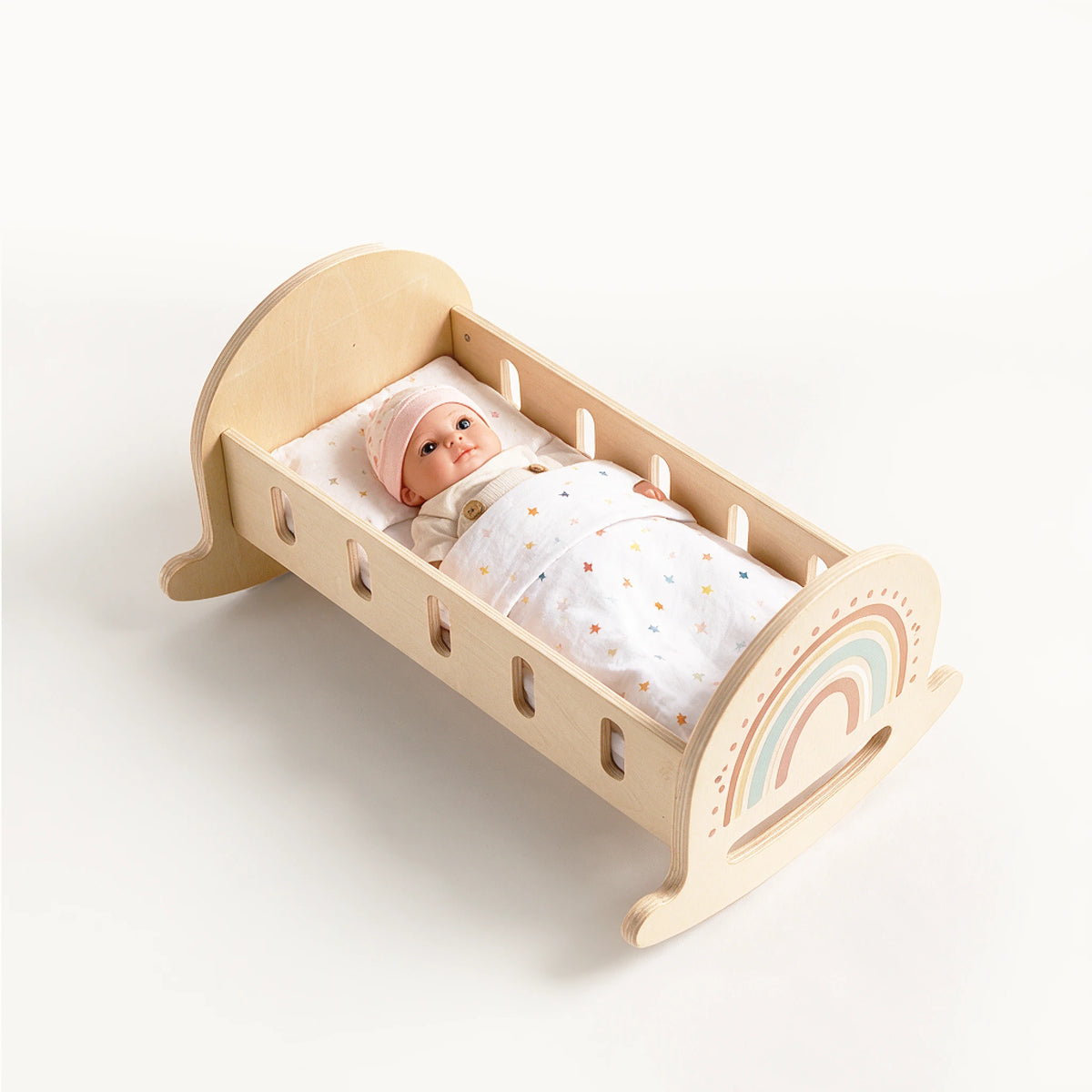 Freniland wooden doll rocking cradle with baby doll
