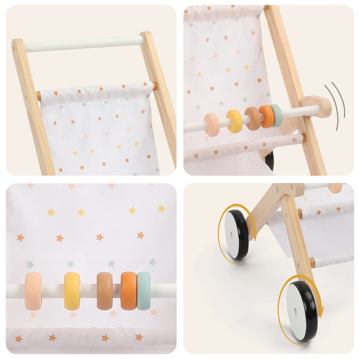 Freniland wooden doll stroller details collage