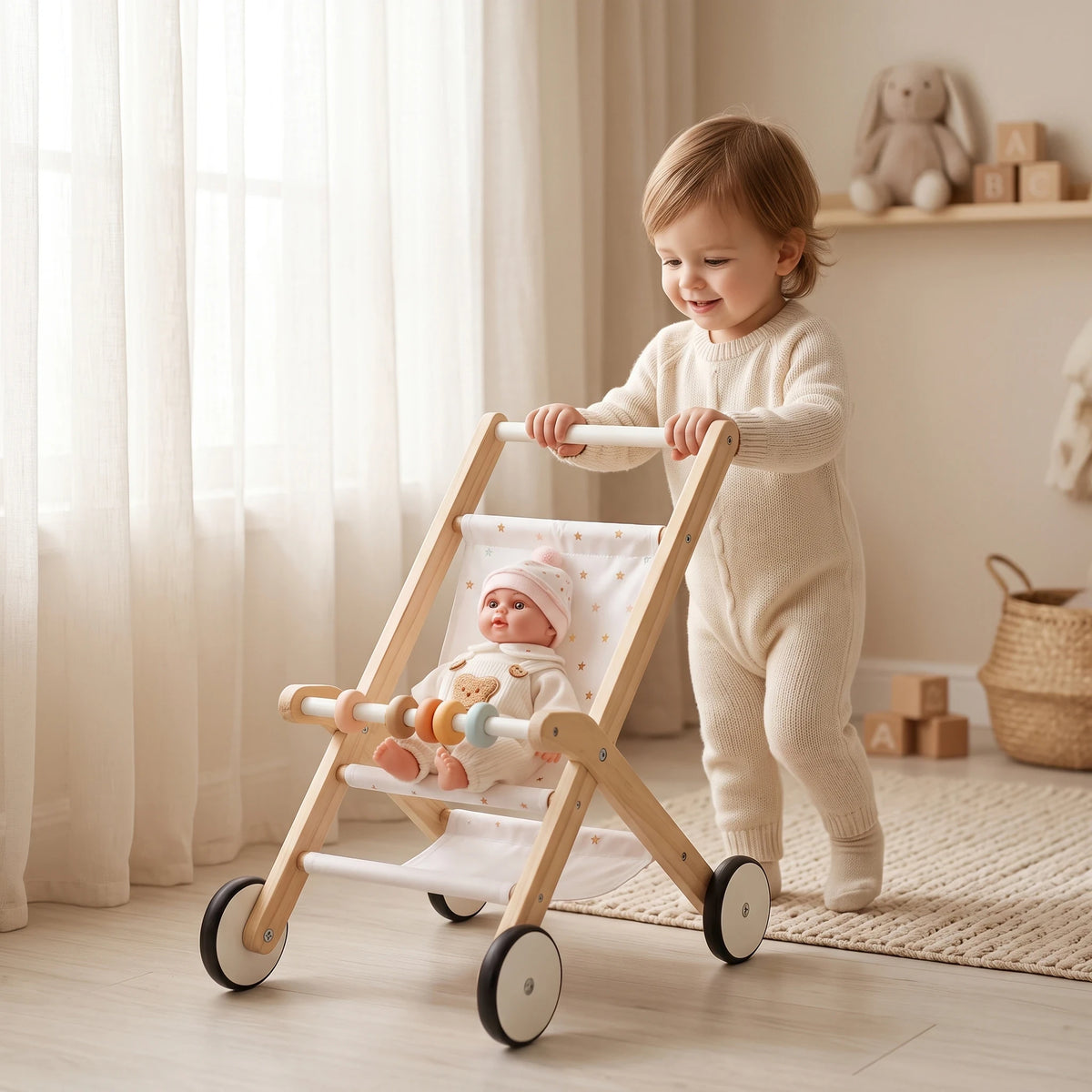 Freniland wooden doll stroller toddler pushing doll