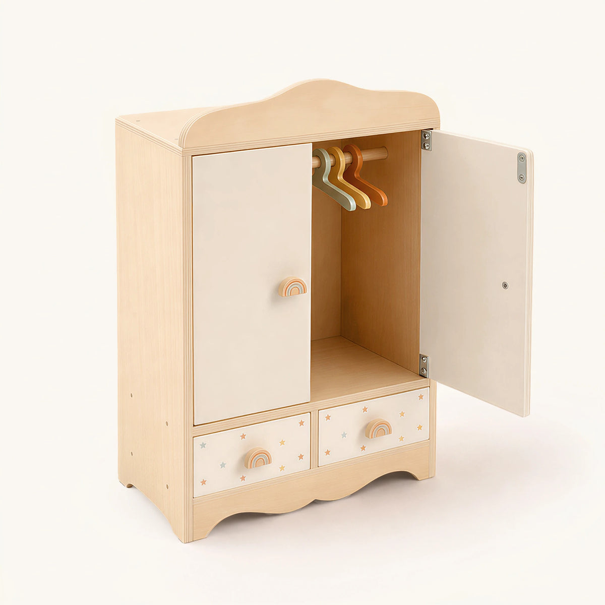 Freniland wooden doll wardrobe closet open door with hangers
